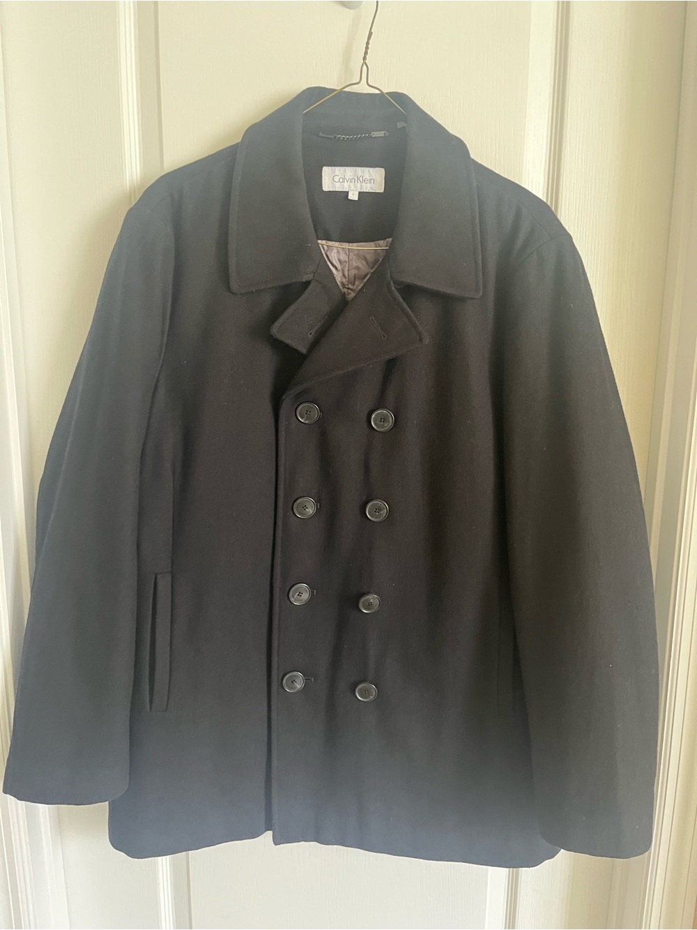 Calvin Klein Men’s Black Double-Breasted Wool Peacoat